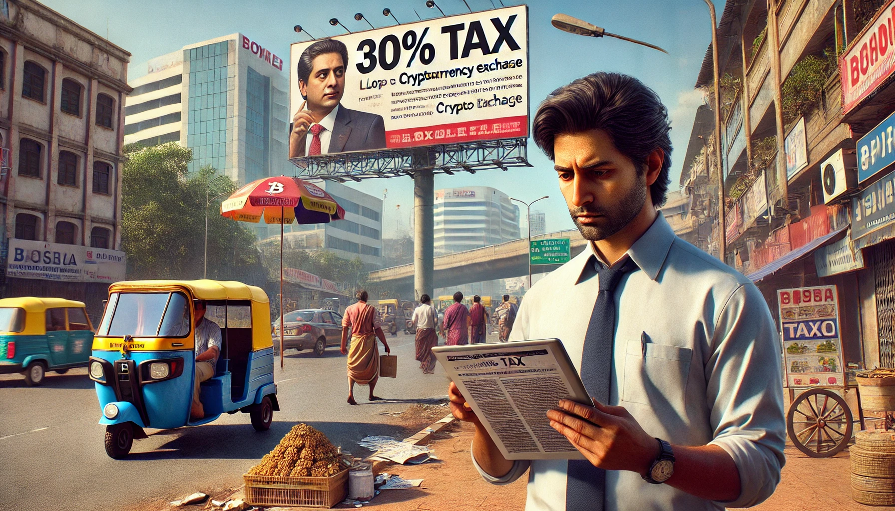 Realistic amateur photo taken outdoors in bright sunlight, showing a street scene in Bangalore, India with a mix of traditional and modern elements. In the foreground, an Indian man in his 40s wearing business casual attire is looking concerned while reading news about crypto taxes on his tablet. Next to him is a large billboard advertising a local cryptocurrency exchange, but with a "30% tax" disclaimer in bold red text. In the background, there are modern office buildings, passing tech workers, food carts, and a busy road. The overall mood is one of uncertainty and worry. The composition is slightly asymmetrical with the man and billboard on the left. Realistic details like the glare on the tablet screen, wrinkles on the man's shirt, and imperfect billboard.