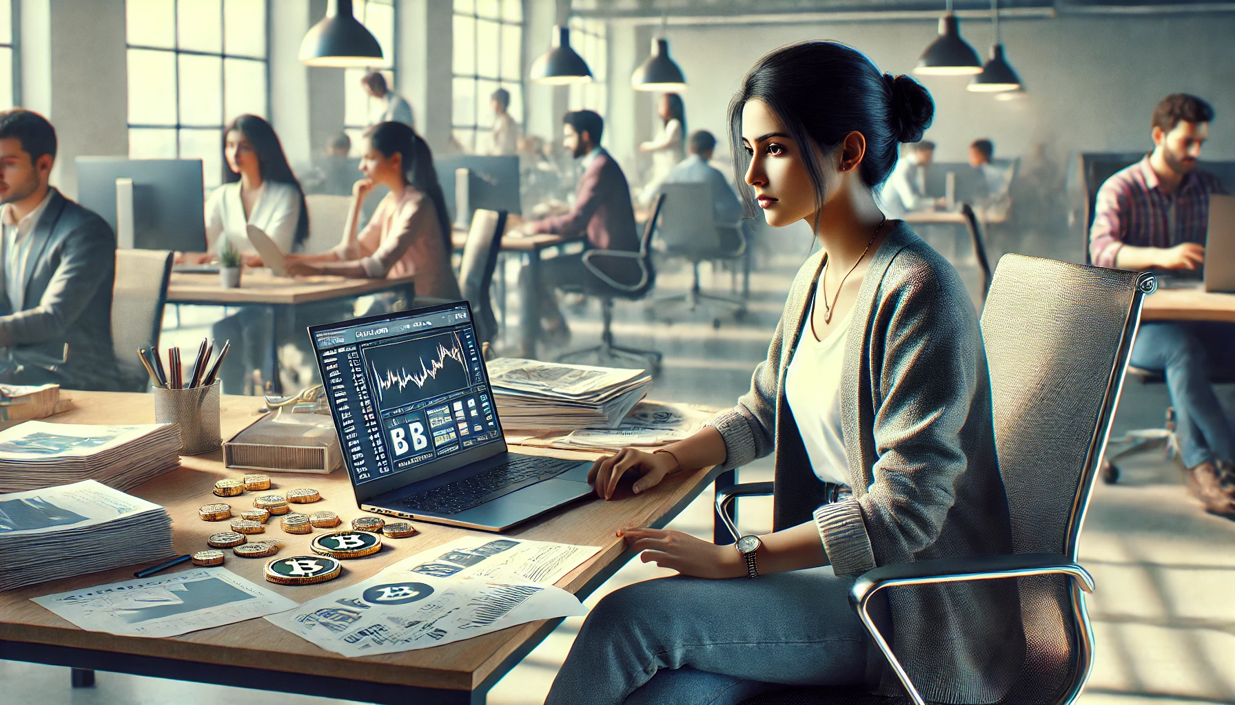 Realistic amateur photo taken indoors in soft natural light, showing a modern office space in Bangalore, India. In the foreground, an Indian woman in her late 20s wearing casual business attire is sitting at a desk, intently looking at her laptop screen which displays a local cryptocurrency exchange website. On the desk are also some scattered papers with charts and graphs related to crypto. In the blurred background, there are a few other young Indian employees working at their desks in the open office layout. The image conveys a busy and dynamic work atmosphere. The composition is balanced and the colors are vivid yet natural. Realistic details like the texture of materials and the glow of the laptop screen.